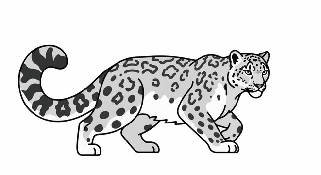 Stylized illustration of a walking snow leopard with black spots on gray fur