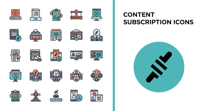 Set of flat line icons for content subscription, paywalls, and premium memberships.