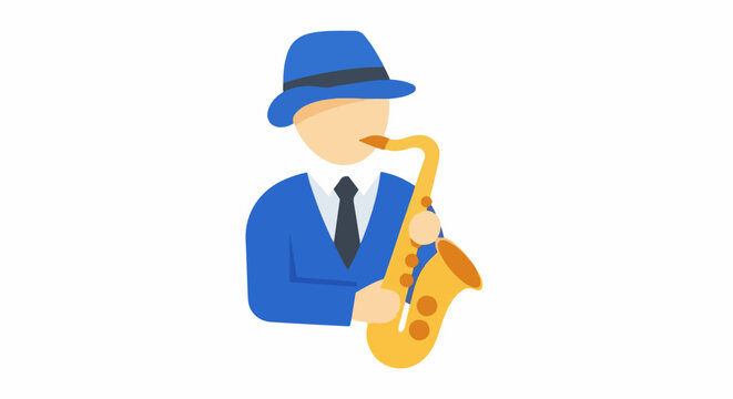 Stylized figure in blue suit and fedora plays a saxophone