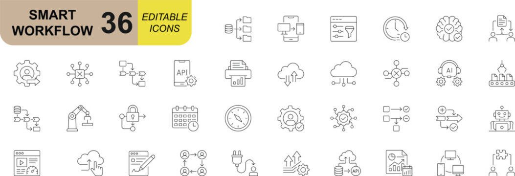Modern smart workflow editable icon set. Featuring automation, process management, cloud integration, productivity and digital operations symbols.