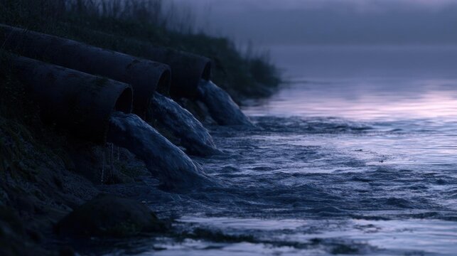 Landscape photograph of a beach at dusk. the sky is a deep blue and the water is a light blue-purple color. the horizon line is visible in the distance, and the horizon is covered in fog.