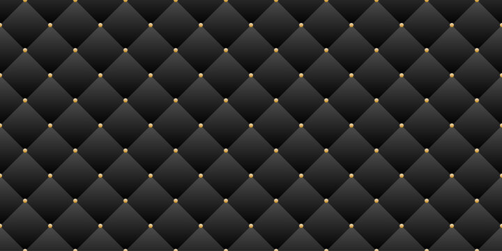 Empty horizontal banner with seamless pattern in the form of luxury upholstery in black fabric with a diamond pattern and fastened with gold studded buttons. Vector banner for VIP presentations