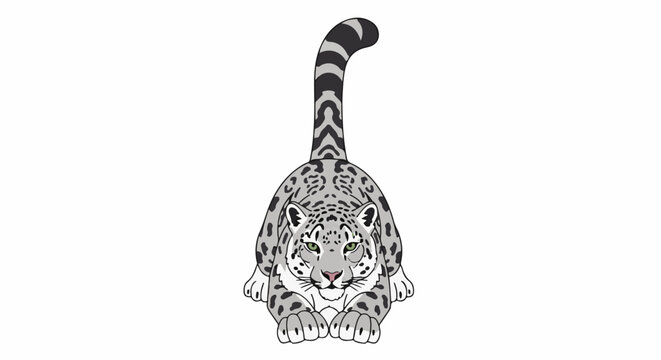 Stylized snow leopard crouches low with tail raised and striped