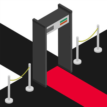 Isometric metal detector frame scanner at the entrance to a respectable event with a red carpet. Isolated cartoon vector on white background top view