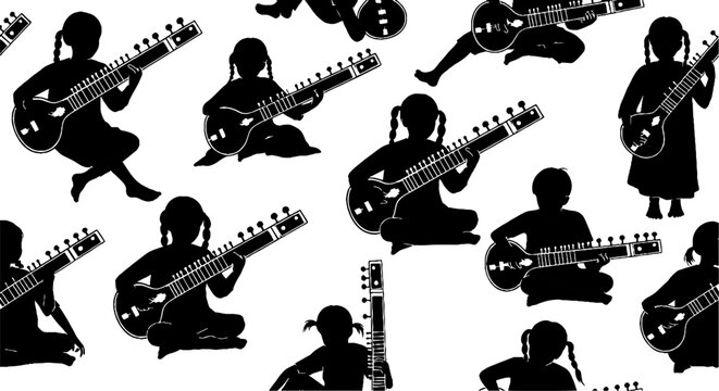 Silhouettes of People Playing Stringed Musical Instruments Repeated Pattern.