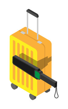 Isometric security guard portable handheld scanner scans the contents of a travel suitcase. Isolated cartoon vector on white background top view