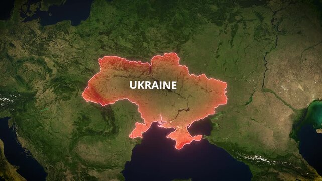 3D Earth globe zooming into a satellite map of Ukraine with a pulsating red glowing highlight, ideal for geopolitical news broadcasts or conflict documentary visuals.
