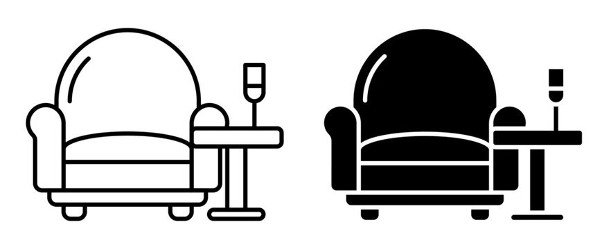 Linear icon. Soft, comfortable chair with a table and a glass of champagne in the airport Lounge area. Simple black and white vector isolated on white background