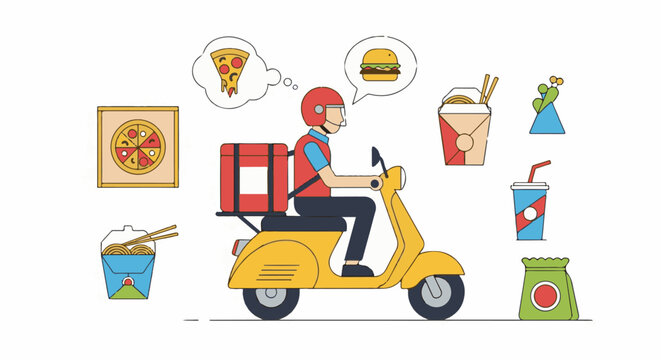 Delivery person on a scooter with various fast food items