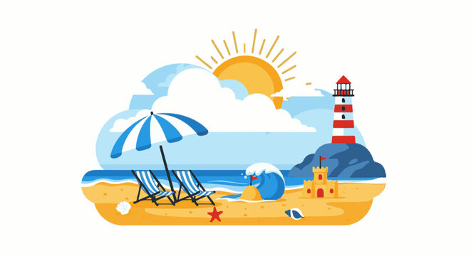 Sunny beach scene with deck chairs, umbrella, sandcastle, and lighthouse