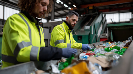 Fototapeta premium Dedicated workers efficiently sort and process various recyclable materials on a conveyor belt in a modern industrial recycling facility for environmental sustainability