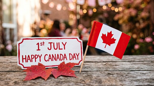 Canada day celebration festive display with flag and sign on wood