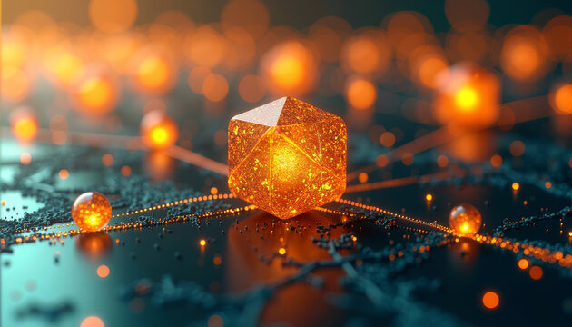 Abstract Amber Icosahedron Node on Dark Teal Technology Network Surface