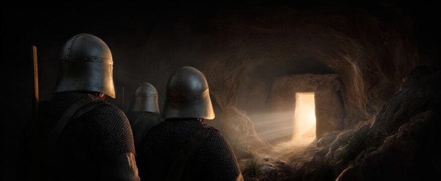 Ancient guards stand watch over a glowing crypt during an awe-inspiring resurrection scene.