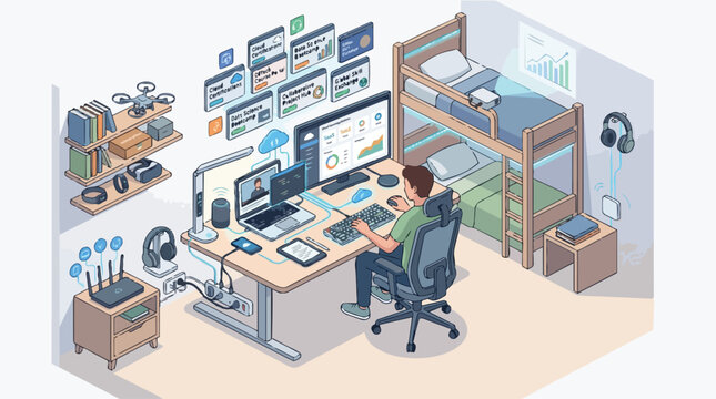 A young man working at his desk in a modern tech-filled bedroom office.