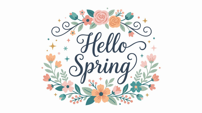 Hello Spring decorative floral wreath with blooming flowers and text