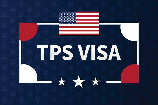 TPS Visa USA Banner with American Flag, Stars and Modern Frame Design on Blue Background, Temporary Protected Status Immigration Concept