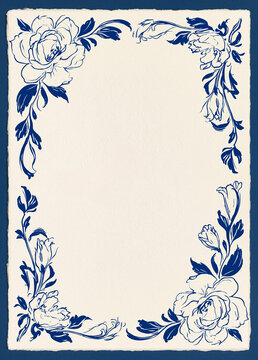 Vintage blue floral frame decorating neutral textured background paper for elegant wedding card or invitation design