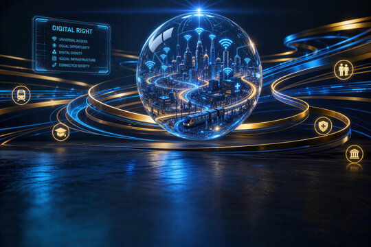 Translucent levitating glass sphere with miniature luminous smart city and flowing data streams symbolizing universal basic services UBS digital rights public connectivity and social infrastructure