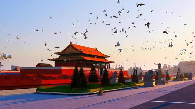 Tiananmen Gate in Beijing, China, and flying doves of peace