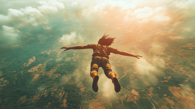 Skydiver experiences freefall over scenic landscape at sunset