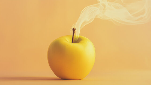 Yellow apple with steam rising against a soft orange background