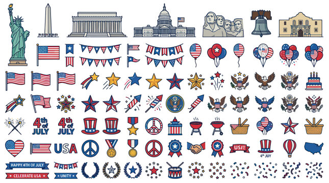 USA Independence Day Icons Set: Statue of Liberty, Capitol, Mount Rushmore, Flags, Fireworks