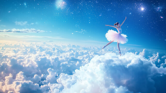 Ballet dancer gracefully performing atop fluffy clouds in a starry sky