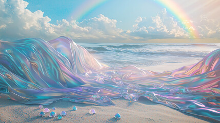 Fototapeta premium Colorful waves reflecting light under a rainbow at a beach