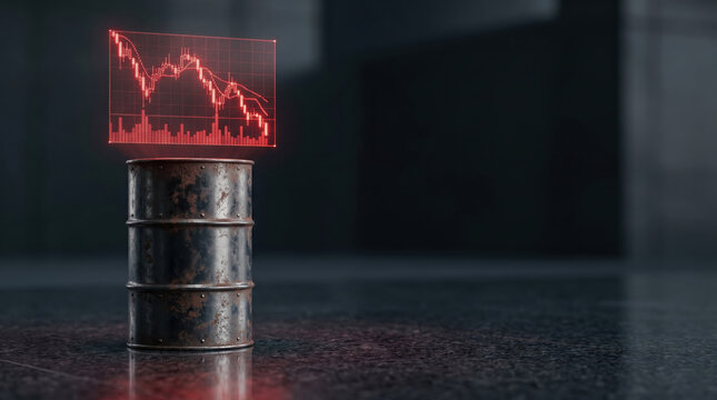 Hologram oil barrel falling price market crash finance red graph Dark metal oil barrel with glowing red hologram falling price graph showing market crash concept modern dark background