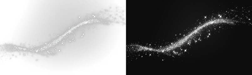 Silver glitter wave on black and white background, glowing sparkly dust trail © Maxim