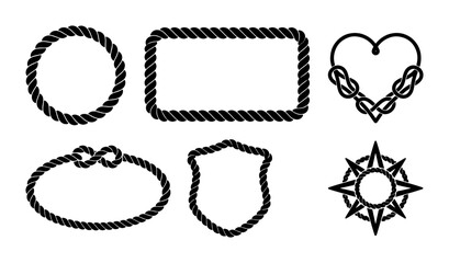 Set of nautical rope frames and shapes including circle, rectangle, heart, oval, shield and compass rose Vector © MSTRANI