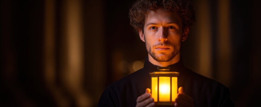 Person with a bright lantern in cathedral during Easter vigil embodying meditation and reverence.