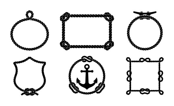 Nautical rope frames and borders collection: circle, rectangle, shield, anchor emblem Vector