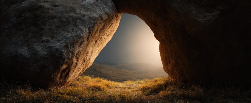 A colossal rock rolled away letting in a golden beam of light symbolizing rebirth.