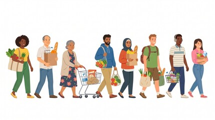 Fototapeta premium Diverse group of modern people carrying various grocery bags and shopping carts filled with fresh organic produce and food supplies in a flat artistic style illustration isolated on white background.