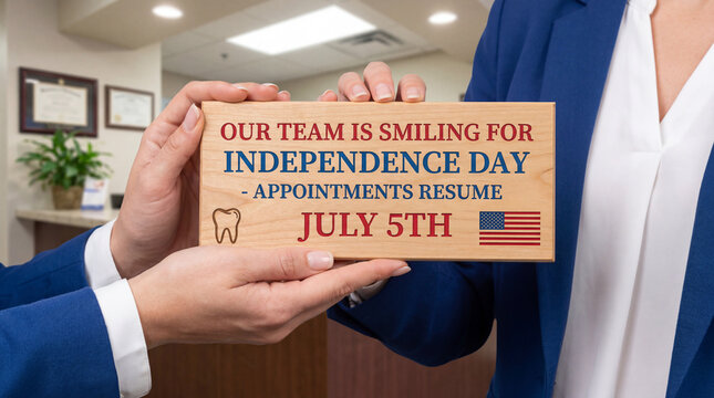 dental office closed July 4 Independence Day holiday closure sign warm interior reopening notice reception staff hold professional appointment resume message for clinic schedule patient communication