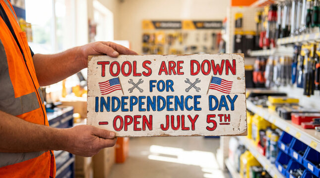 hardware store closed July 4 Independence Day holiday closure sign front counter customer notice worker in tool aisle presents tools down notice for home improvement retail hours and customer project