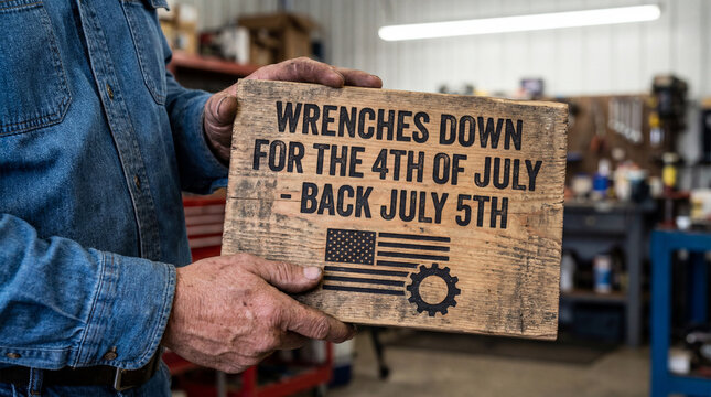 mechanic shop closed July 4 Independence Day holiday closure sign warm interior reopening notice weathered hands show wrenches down notice inside auto repair garage for service scheduling and vehicle
