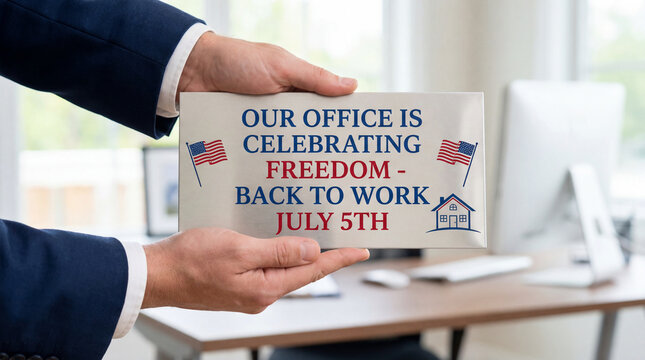 real estate office closed July 4 Independence Day holiday sign professional holiday hours announcement agent hands hold polished back to work July 5 message for property business schedule and client