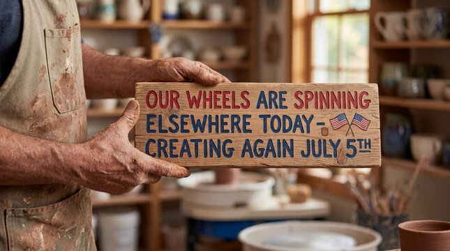 pottery studio closed July 4 Independence Day holiday closure sign front counter customer notice clay dusted hands hold wheels spinning elsewhere notice for ceramic workshop hours and artisan customer