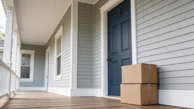 A stack of two cardboard boxes on a wooden porch in front of a gray house with a blue door and white trim.