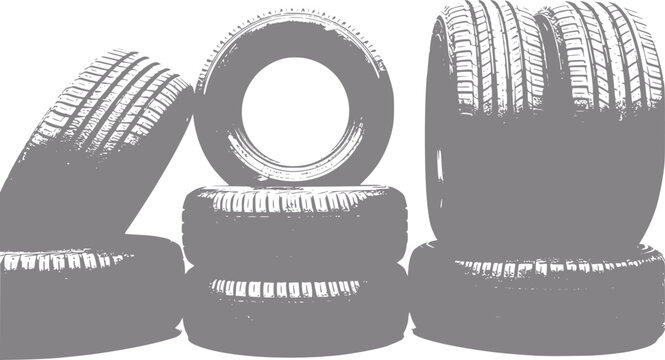 Stacked car tires in a stylized gray and white