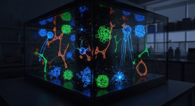 Fluorescent neurons and cells under microscope lighting