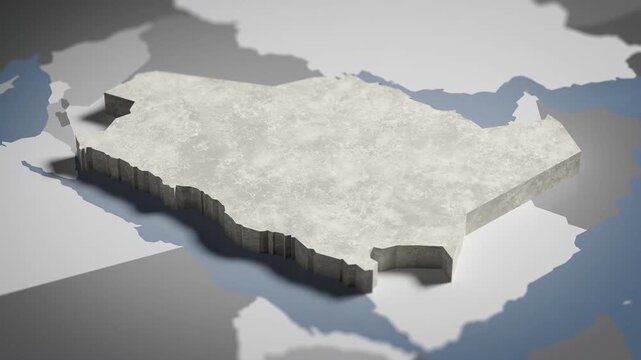 World map animation Birds eye view above Saudi Arabia, Saudi Arabian, Saudi, Riyadh, Asia, with highlighted country borders. Cinematic 3d world map animation highlights aerial views, 4k Video