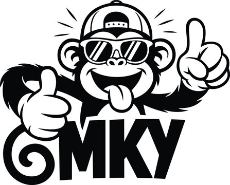 Black-and-white cartoon vector mascot of a cheerful astronaut monkey with a helmet, goggles, and rocket/space-engineer vibe. The playful pose and bold &ldquo;GMKY&rdquo; text make it perfect for esports teams, ga
