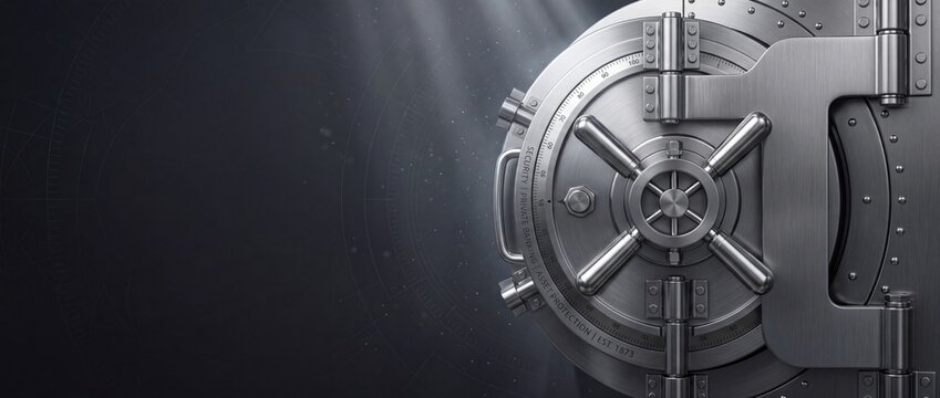 Heavy steel bank vault door closed with a combination lock mechanism on a dark premium background