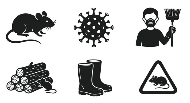 Hantavirus disease danger vector black glyph icon set with rat virus cell cleaner mask woodpile boots and rodent warning sign