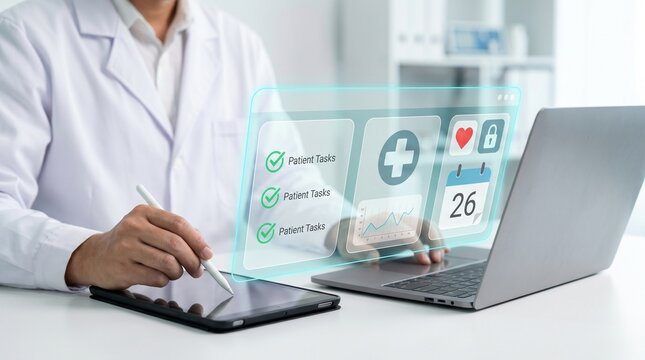 Doctor using laptop with virtual medical interface for patient data and healthcare technology