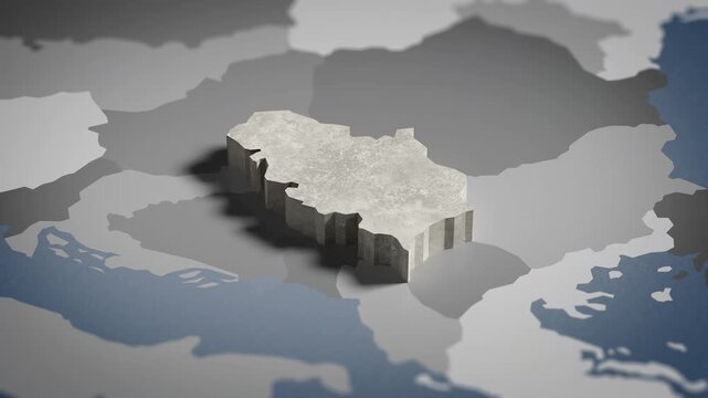 World map animation Birds eye view above Serbia, Serb, Serbian, Belgrade, Europe, with highlighted country borders. Cinematic 3d world map animation highlights aerial views, 4k Video